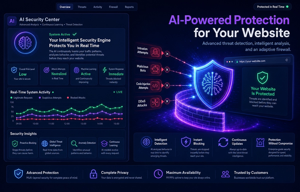 Illustration: an AI centre with an activity graph and insights, facing a firewall blocking break-in attempts, bots and code injection.